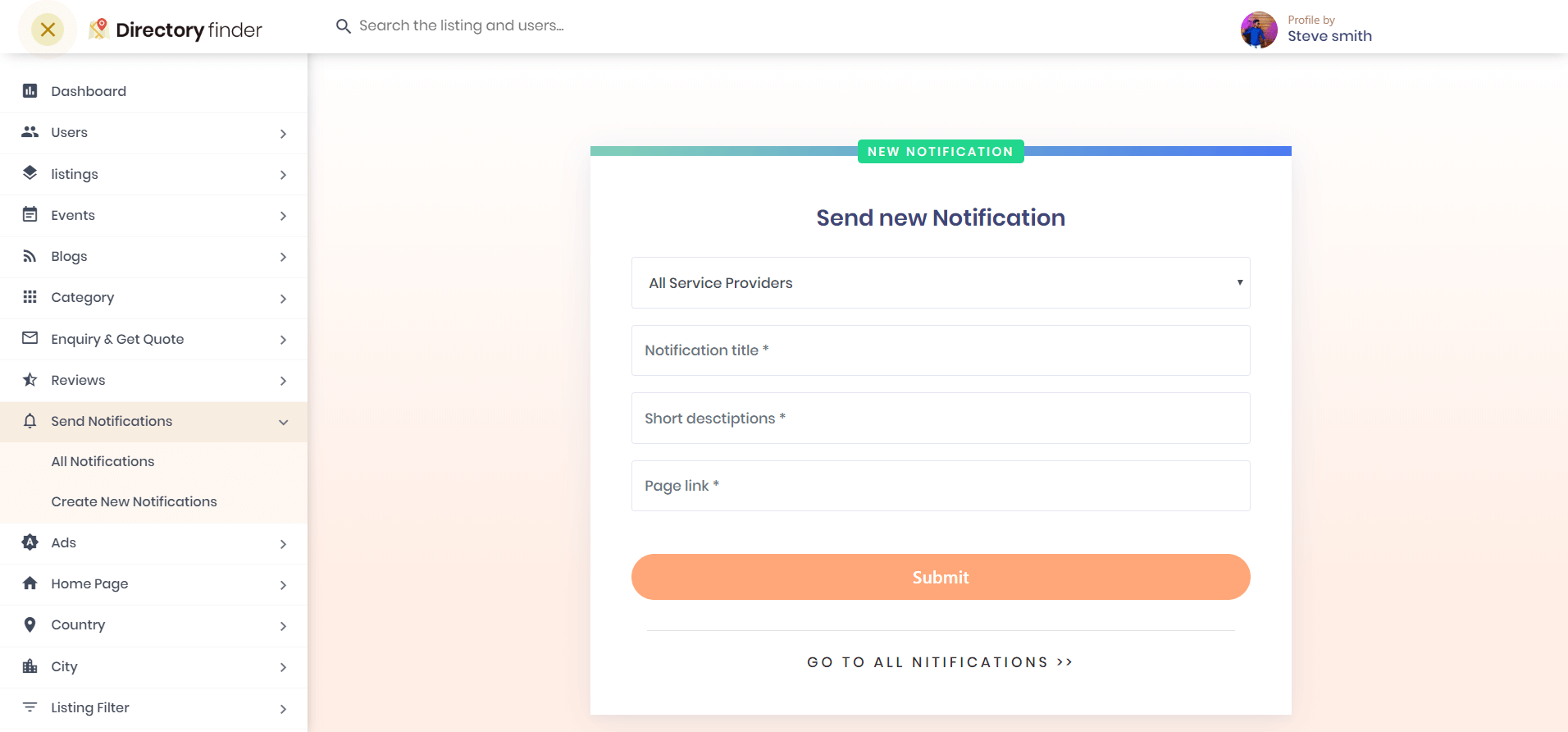 Admin send notifications to users dashboard